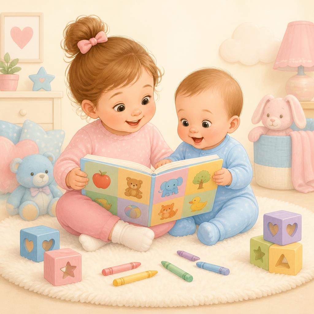 A toddler and a baby reading a colourful alphabet picture book together